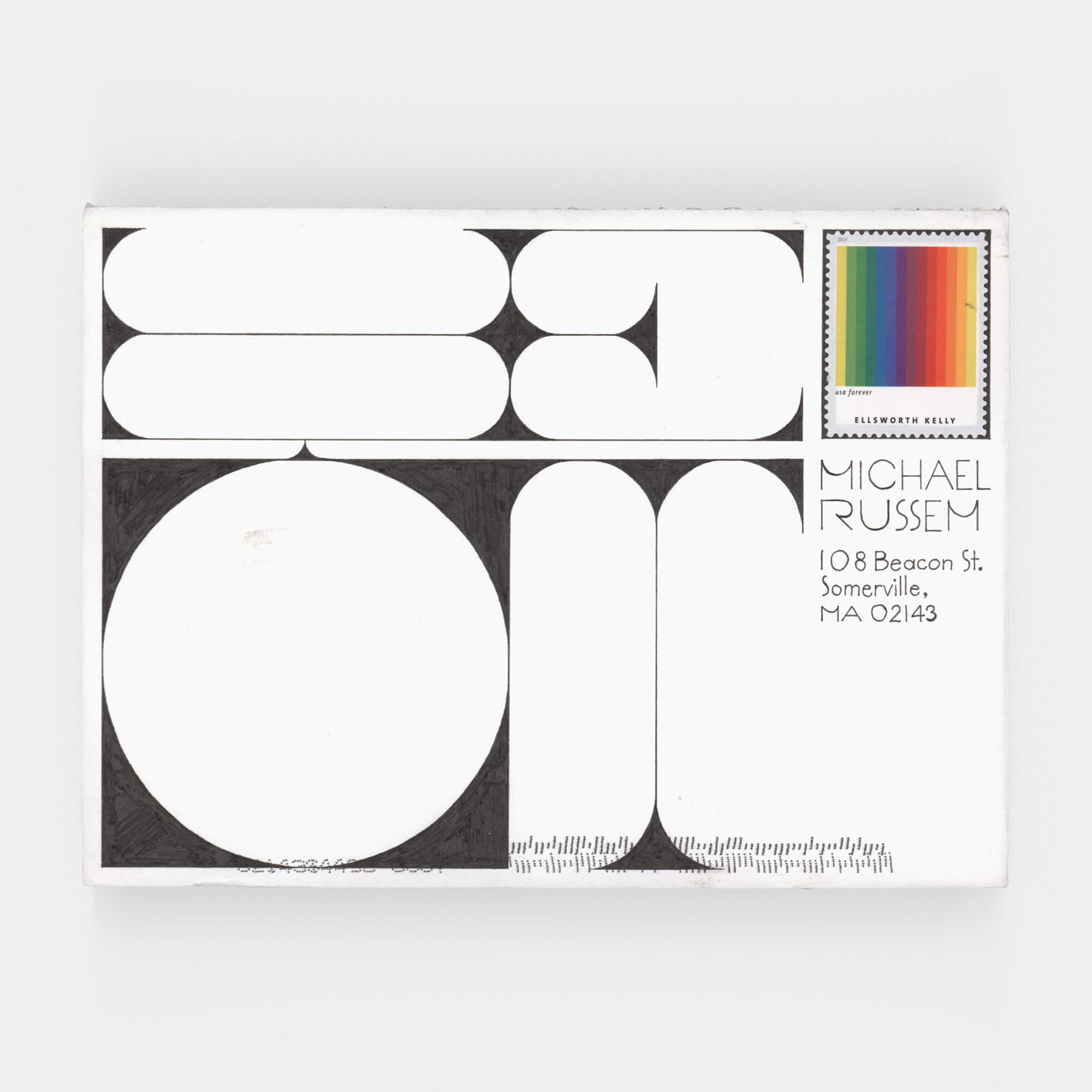 An envelop displays white shapes against black backgrounds and a rainbow stamp in the corner.