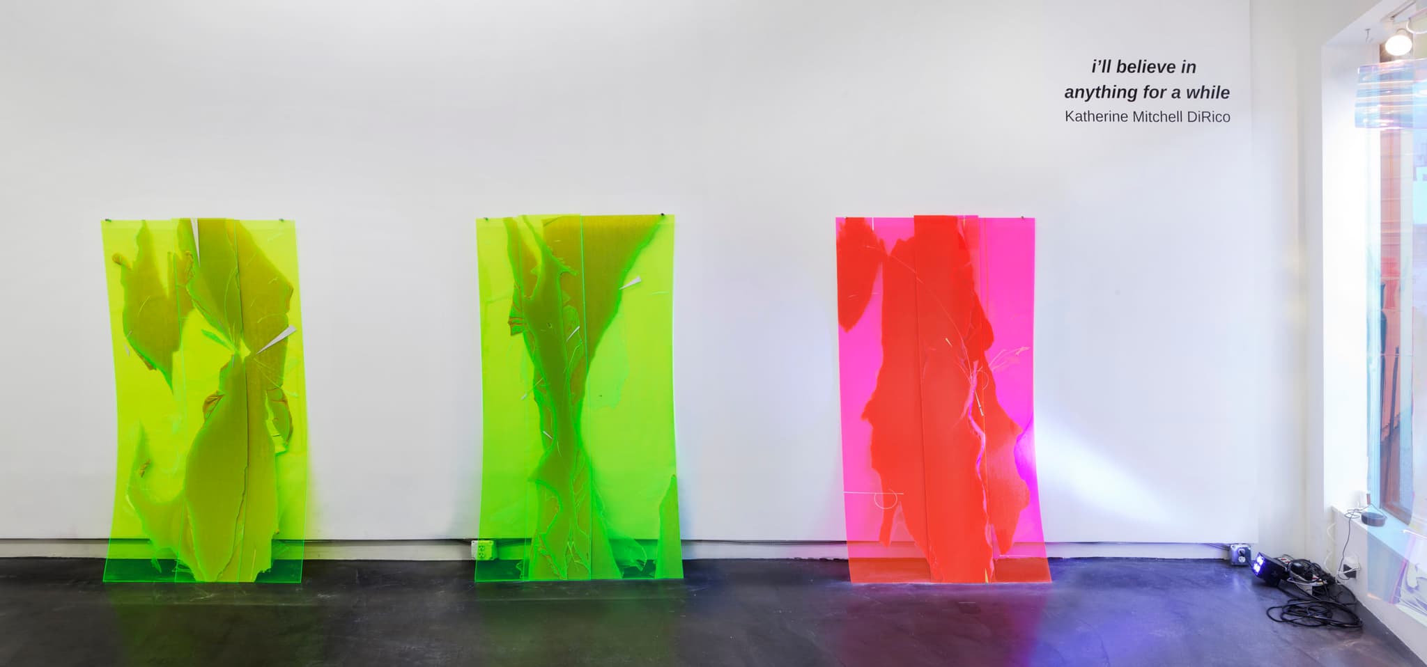 Bright neon images, created by Katherine Mitchell DiRico, on display at Praise Shadows Art Gallery.