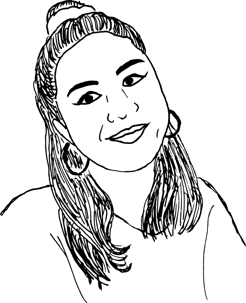 A black and white drawing of Victoria Wong smiling, with her head tilted to the left. Her hair is partly made into a bun and she's wearing hoop earrings.