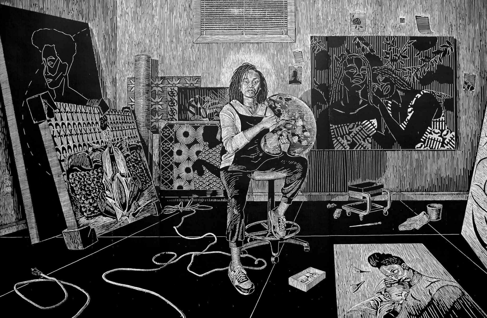 A black and white work of depicting an artist on a stool in her studio with painted canvases all around her.